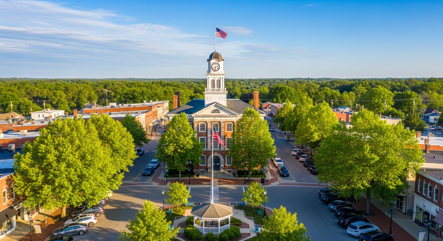 Aerial view of a beautiful, small American town center with a classic town hall